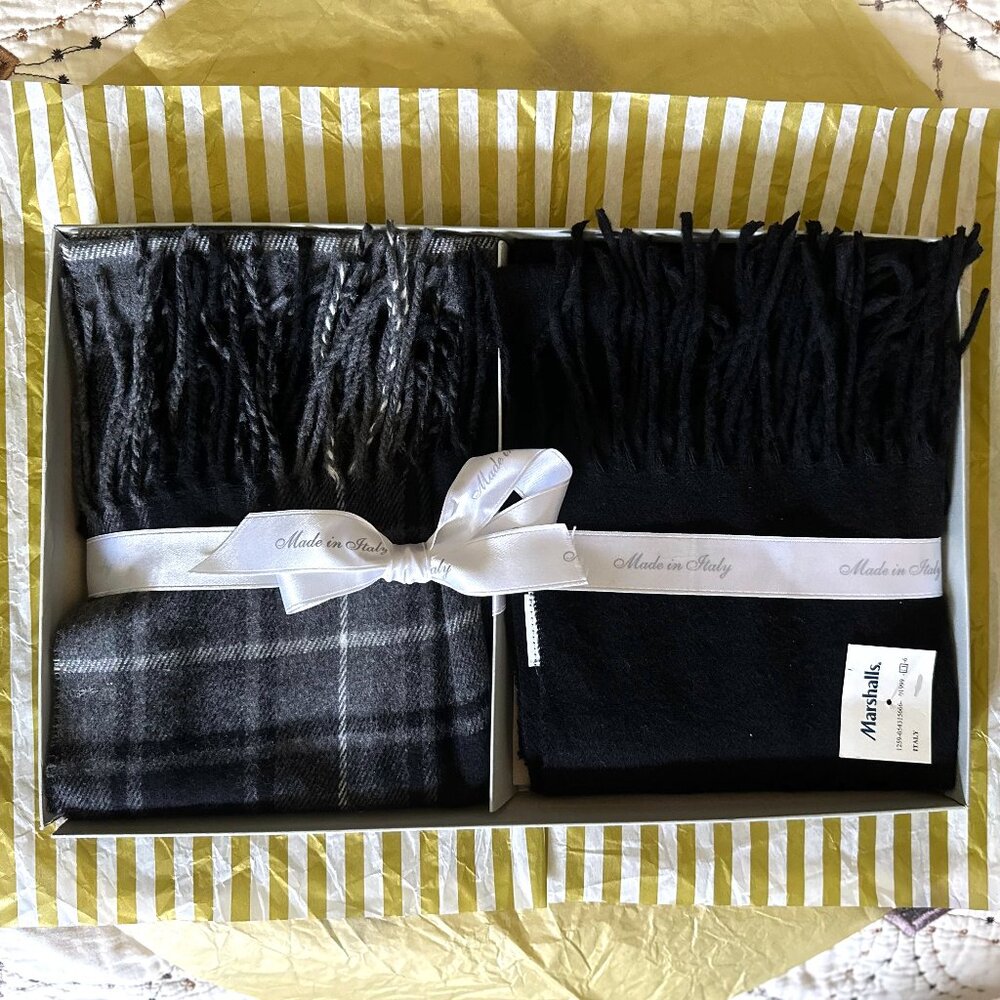 NWT Two Scarves Boxed Set: Black, Gray Plaid
